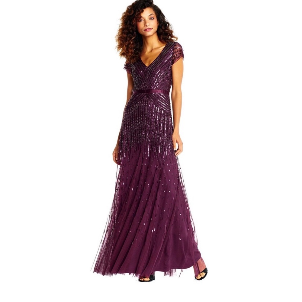 Adrianna Papell Plum Sequin V-Neck Maxi Dress